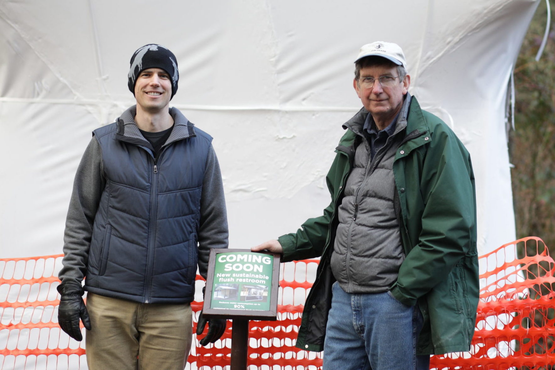 Kyle, left, and Ken Earlywine on site for a recent Green Flush Restrooms installation.